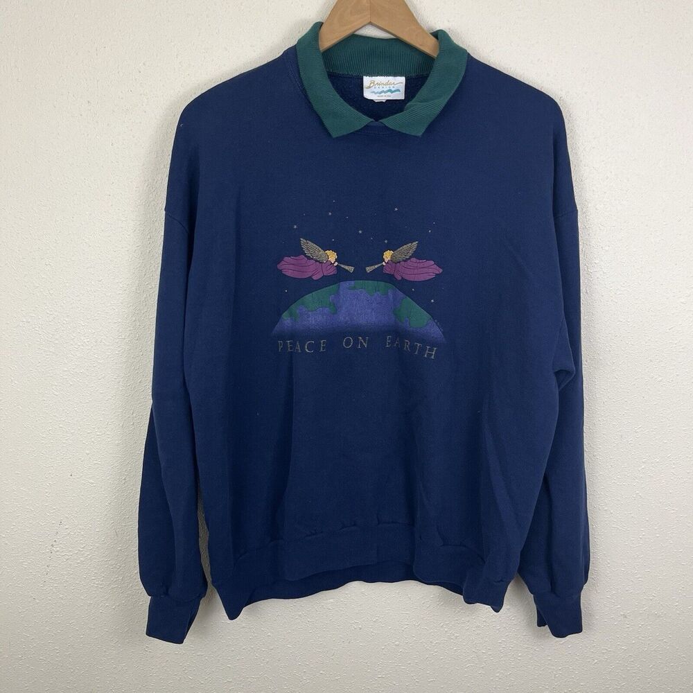 Vintage Brindar Designs Peace On Earth Collared Sweatshirt XL Christmas Noel 90s